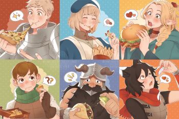 3boys 3girls beard blush burger chilchuck_tims drooling dungeon_meshi dwarf eating facial_hair fake_horns falin_touden fast_food food french_fries heart helmet highres horned_helmet horns izutsumi laios_touden long_beard marcille_donato mcdonald's mouth_drool multiple_boys multiple_girls mustache pizza pkii senshi_(dungeon_meshi) sparkle spoken_heart taco thick_mustache very_long_beard