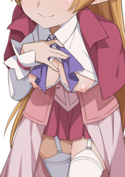 1girl blush breast_focus breasts breasts_out brown_hair dungeon_ni_deai_wo_motomeru_no_wa_machigatteiru_darou_ka female_focus garter_straps head_out_of_frame highres large_breasts leaning_forward lefiya_viridis long_hair morisobo neckerchief nipples no_bra purple_neckerchief red_skirt shirt simple_background skirt smile solo sweat sword_oratoria thighhighs very_long_hair white_background white_garter_straps white_shirt white_thighhighs zettai_ryouiki