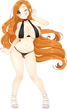 bikini black_bikini bleach breasts brown_eyes curvy huge_breasts inoue_orihime long_hair nashirasauce one_eye_closed orange_hair sandals slingshot_swimsuit swimsuit tongue very_long_hair wide_hips wink