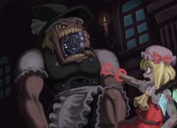 1girl apron ascot big_mouth blonde_hair bruise candle cho_marisa fangs flandre_scarlet hat injury kirisame_marisa muscular profitwalrus puffy_short_sleeves puffy_sleeves red_eyes short_sleeves side_ponytail touhou what wings witch_hat