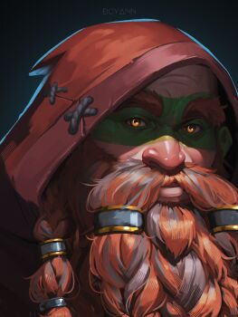1boy artist_name beard braid braided_beard brown_eyes brown_hair brown_hood dcyann dwarf facepaint facial_hair full_beard highres hood long_beard male_focus multicolored_hair original portrait solo two-tone_hair