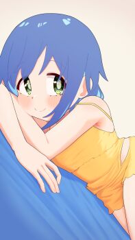 1girl absurdres armpit_crease bare_arms bare_legs bare_shoulders blue_hair blush camisole colored_inner_hair commentary english_commentary green_eyes happyundergate highres long_hair looking_at_viewer lying mixed-language_commentary multicolored_hair on_side on_stomach onii-chan_wa_oshimai! short_shorts shorts smile solo spaghetti_strap strap_slip tenkawa_nayuta two-tone_hair yellow_camisole yellow_shorts