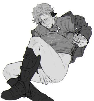 1boy anal_fingering anal_fluid boots closed_eyes clothes_pull commentary english_commentary facial_hair fingering greyscale guardians_of_the_galaxy headphones highres jacket jewelry limach-an male_focus marvel masturbation monochrome necklace no_pants peter_quill shirt_pull short_hair solo star-lord stubble walkman