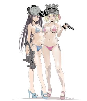 2girls arm_around_back assault_rifle bare_legs bare_shoulders bikini blonde_hair blue_bikini blue_footwear breasts breasts_apart brown_hair clenched_teeth full_body grin gun handgun helmet high_heels highres inoue_takina kriss_vector long_hair looking_at_viewer lycoris_recoil m1911 medium_breasts multiple_girls navel night_vision_device nishikigi_chisato pink_bikini pink_sandals platform_clogs platform_footwear platform_heels platform_mules platform_sandals purple_eyes red_eyes rifle sandals short_hair side-tie_bikini_bottom simple_background smile string_bikini submachine_gun swimsuit tada_(tactical_tada) teeth toes weapon white_background