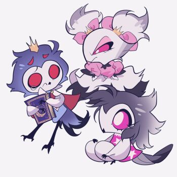 1boy 2girls aged_down bad_id bad_pixiv_id bird_boy book bow closed_mouth colored_sclera crown dress full_body furrowed_brow furry furry_male grey_background hair_bow hellaverse helluva_boss holding holding_book looking_at_another meremero multiple_girls octavia_(helluva_boss) owl_boy pink_bow pink_dress pink_sclera red_eyes simple_background sitting standing stella_(helluva_boss) stolas_(helluva_boss) talons tearing_up white_eyes