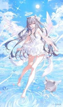 1girl arutera barefoot dress flying grey_hair hair_horns halo hololive hololive_indonesia ocean sky solo vestia_zeta virtual_youtuber white_dress wings