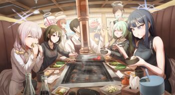 arius_squad_(blue_archive) atsuko_(blue_archive) bandaged_neck bandages black_hair blue_archive blue_eyes blue_hair bottle bowl braid chopsticks closed_eyes diner eating faceless faceless_female green_hair halo highres hiyori_(blue_archive) holding holding_chopsticks hood hoodie midriff misaki_(blue_archive) panzaa purple_hair red_eyes rice_bowl saori_(blue_archive) trinity_student_(blue_archive) twin_braids yakiniku