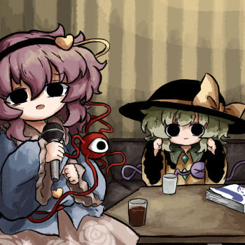 2girls black_eyes black_hat blue_shirt commentary_request contrast_collar green_hair hair_between_eyes hands_up hat hat_ribbon heripantomorrow holding holding_microphone indoors komeiji_koishi long_sleeves looking_at_viewer microphone multiple_girls pink_hair ribbon shirt sitting table third_eye touhou wide_sleeves yellow_ribbon yellow_shirt