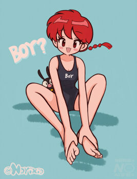1girl animal aqua_background artist_name barefoot black_one-piece_swimsuit blush_stickers braid collarbone english_text full_body hands_on_own_feet looking_at_viewer norixio one-piece_swimsuit open_mouth p-chan pig print_swimsuit ranma-chan ranma_1/2 red_eyes red_hair sitting swimsuit text_print