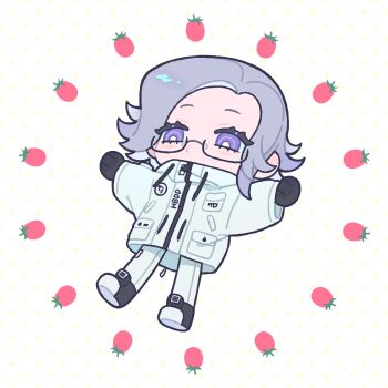 1boy animated animated_gif aotsuki_eito black_gloves black_shoes blinking breast_pocket bright_pupils cherry_tomato chibi chibi_only chinese_commentary commentary_request floating glasses gloves grey_hair highres jacket looking_at_viewer male_focus outstretched_arms pants pocket purple_eyes shoes short_hair solo spread_arms the_hundred_line_-last_defense_academy- tomato white_jacket white_pants white_pupils xuxigua1029