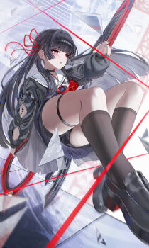 1girl absurdres arch_a4 arm_cutout black_choker black_hair black_jacket black_shoes black_skirt black_socks chisa_(wuthering_waves) choker clothing_cutout commentary fingernails hair_ribbon highres jacket long_hair long_sleeves mole mole_under_eye neckerchief parted_lips red_eyes red_neckerchief red_ribbon ribbon sailor_collar shoes skirt socks solo sword tacet_mark_(wuthering_waves) thigh_strap thighs very_long_hair weapon white_sailor_collar wuthering_waves