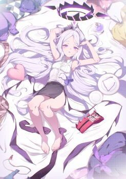 1girl ahoge armband black_halo black_skirt blue_archive breasts commentary_request demon_girl demon_horns demon_wings dress halo highres hina_(blue_archive) hina_(dress)_(blue_archive) hina_(pajamas)_(blue_archive) hina_(swimsuit)_(blue_archive) horns jacket long_hair looking_at_viewer low_wings lying old_school_swimsuit pajamas pink_pajamas polka_dot polka_dot_pajamas purple_dress purple_eyes red_armband school_swimsuit skirt small_breasts solo swimsuit very_long_hair white_hair wings yellow_jacket youguo_naberu