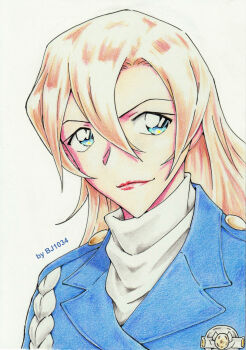 1girl absurdres artist_name bj1034_(tosashi) blue_eyes blue_jacket brown_hair closed_mouth colored_pencil_(medium) derivative_work hagiwara_chihaya hair_between_eyes highres jacket japan_national_police long_hair looking_to_the_side meitantei_conan police portrait smile solo traditional_media white_background