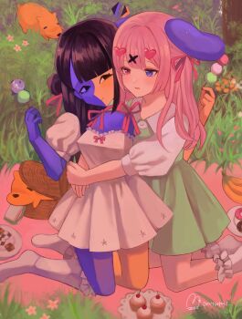 Rule 34 | 2girls, animal, animal ears, banana, dog, dress, eating, ena (ena), ena (series), ena (web series), food, fruit, grass, happy ena, highres, hourglass dog, hug, kneeling, mezo (usagimarumei), moony (ena), multiple girls, original, outdoors, picnic, picnic basket, pink hair, rabbit ears, rabbit girl, sandwich, usagimarumei, white dress, yuri