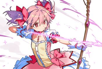 1girl absurdres arrow_(projectile) bow bow_(weapon) bright_pupils choker collarbone ebora flat_chest gloves hair_bow highres holding holding_bow_(weapon) holding_weapon kaname_madoka kaname_madoka_(magical_girl) magical_girl mahou_shoujo_madoka_magica mahou_shoujo_madoka_magica_(anime) medium_hair multiple_hair_bows pink_choker pink_eyes pink_hair solo soul_gem twintails weapon white_gloves white_pupils