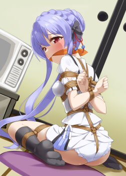 1girl arms_behind_back ass bdsm between_buttocks black_bow black_socks blue_hair blush bondage bound bound_wrists bow braid breasts clothes_lift commentary_request covered_erect_nipples crossed_arms crown_braid dutch_angle eyelashes feet frilled_panties frills full_body gag gagged hair_between_eyes hair_bow hair_bun indoors kneehighs long_hair looking_at_another looking_at_viewer medium_breasts miniskirt mukanata no_shoes on_floor paid_reward_available panties puffy_short_sleeves puffy_sleeves red_eyes rope school_uniform serafuku shibari shibari_over_clothes shirt short_sleeves sidelocks single_hair_bun sitting skirt skirt_lift socks soles solo sorakado_ao summer_pockets summer_pockets_school_uniform toes underwear very_long_hair wariza white_panties white_serafuku white_shirt white_skirt