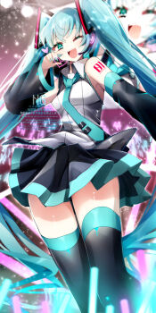 Rule 34 | 1girl, ;d, aqua belt, aqua eyes, aqua hair, aqua necktie, aqua trim, artist request, belt, black skirt, black sleeves, blush, breasts, collared shirt, commentary request, grey shirt, hair between eyes, hair ornament, hatsune miku, highres, long hair, long sleeves, music, necktie, one eye closed, open mouth, pink background, pleated skirt, shirt, sideboob, singing, skirt, sleeveless, sleeveless shirt, small breasts, smile, solo, standing, straight hair, thighhighs, twintails, very long hair, vocaloid, zettai ryouiki