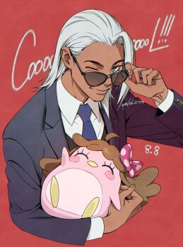 1boy adjusting_eyewear akua animal bird black_jacket blazer blue_necktie collared_shirt commentary_request dark-skinned_male dark_skin dj.coo hand_on_eyewear hand_up highres holding holding_animal ibara_chisato jacket long_sleeves male_focus necktie one_eye_closed penguin pretty_rhythm pretty_rhythm_rainbow_live pretty_series red_background shirt smile sunglasses white_hair white_shirt