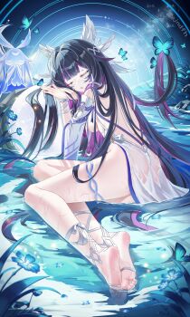 1girl absurdres black_hair blush breast_curtains breasts bug butterfly closed_eyes columbina_(genshin_impact) commentary_request dress eye_mask eyes_on_wings fatui_coat feathered_wings genshin_impact hair_ornament head_wings highres insect jndfh long_hair mask medium_breasts multicolored_hair multiple_wings no_shoes pink_hair soles solo symbol-shaped_pupils underboob wet wet_clothes white_dress white_mask white_wings wing_hair_ornament wings x-shaped_eyewear x-shaped_pupils