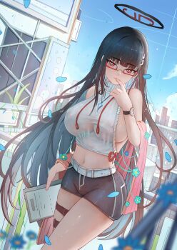 Rule 34 | 1girl, absurdres, black hair, black halo, black shorts, blue archive, bright pupils, clipboard, commentary request, covered erect nipples, crop top, finger to mouth, hair behind ear, hair ornament, hairclip, halo, highres, holding, holding clipboard, long hair, looking at viewer, making-of available, multicolored halo, navel, no bra, petals, red-framed eyewear, red eyes, ringed eyes, rio (blue archive), shirt, short shorts, shorts, sleeveless, sleeveless shirt, solo, thighhighs, turtleneck, turtleneck shirt, two-tone halo, user fras2454, watch, white pupils, wristwatch