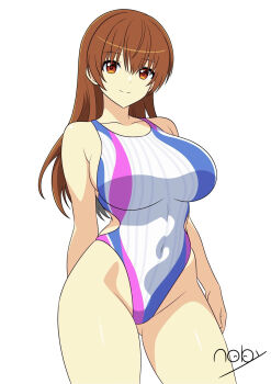 1girl bare_shoulders breasts brown_eyes brown_hair dead_or_alive dead_or_alive_xtreme dead_or_alive_xtreme_venus_vacation gians_noby highleg highleg_leotard kasumi_(doa) large_breasts leotard long_hair one-piece_swimsuit side_ponytail sleeveless smile swimsuit white_background