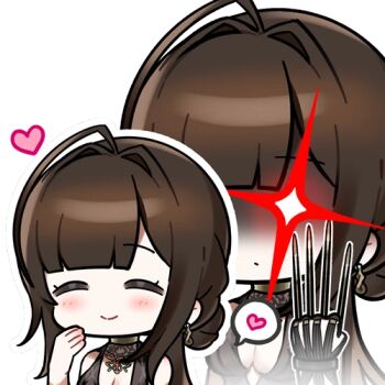 Rule 34 | +++, 1girl, artist request, brown hair, chibi, chibi only, different zoom layer, dress, dsr-50 (girls' frontline), evening gown, girls' frontline, girls' frontline 2: exilium, hair intakes, heart, loreley (girls' frontline 2), lowres, official art, partially shaded face, red eyes, second-party source, solo, speech bubble, spoken heart