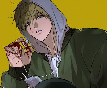 1boy black_jacket black_pants blonde_hair blood blood_on_face blood_on_hands brown_eyes crew_neck earbuds earphones holding hood hood_up hooded_jacket ipod jacket long_sleeves male_focus mp3_player original pants parted_lips psomuq shirt short_hair solo white_shirt