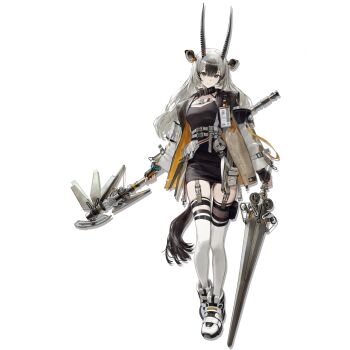 1girl animal_ears arknights black_skirt coat full_body grey_eyes grey_hair hadiya_(arknights) highres holding holding_weapon horns long_hair matsuo_shogo multicolored_hair official_art open_clothes open_coat pencil_skirt pouch sheep_horns simple_background skirt solo standing tachi-e tail thigh_pouch thighhighs third-party_source transparent_background two-tone_hair weapon white_thighhighs