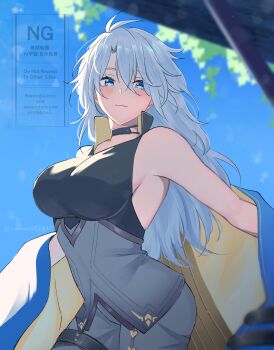 1girl :3 absurdres antenna_hair blue_eyes blue_sky breasts bright_pupils choker commentary_request cowboy_shot dappled_sunlight genderswap genderswap_(mtf) hair_between_eyes highres honkai:_star_rail honkai_(series) large_breasts leaf light_blush long_hair looking_at_viewer mororo1357 off_shoulder pants parted_bangs phainon_(honkai:_star_rail) sideboob sky sleeveless sunlight thigh_strap white_hair