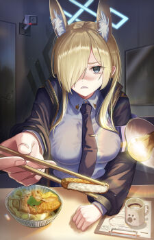 1girl animal_ear_fluff animal_ears black_jacket black_necktie blonde_hair blue_archive blue_eyes bowl breasts chopsticks clipboard collared_shirt commentary cup dog_ears door dress_shirt feeding food foreshortening hair_over_one_eye halo highres holding holding_chopsticks indoors interrogation jacket kanna_(blue_archive) katsu_(food) lamp light_bulb long_hair long_sleeves looking_at_viewer medium_breasts necktie noodles open_clothes open_jacket paper parted_bangs pov security_camera sharp_teeth shirt sidelocks solo subob_(subobdesu) teeth tie_clip katsu_(food) udon upper_body white_shirt wing_collar