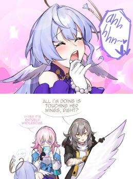 1girl 3girls bare_shoulders black_gloves blue_eyes blue_hair cellphone dasdokter earrings female_orgasm gloves grey_hair hair_between_eyes head_wings highres honkai:_star_rail honkai_(series) jewelry long_hair long_sleeves march_7th_(honkai:_star_rail) march_7th_(preservation)_(honkai:_star_rail) medium_hair moaning multicolored_eyes multiple_girls no_game_no_life open_mouth orgasm parody phone pink_eyes pink_hair reference robin_(honkai:_star_rail) shirt stelle_(honkai:_star_rail) trailblazer_(honkai:_star_rail) two-tone_eyes white_gloves white_shirt wings yellow_eyes yuri