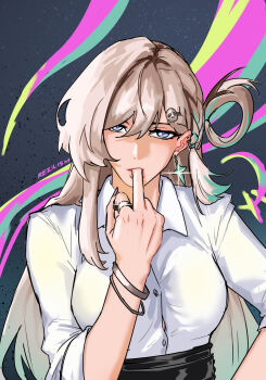 1girl artist_name blonde_hair blue_eyes breasts collared_shirt commentary earrings finger_sucking fingernails hair_between_eyes hair_ornament hashtag-only_commentary highres jewelry large_breasts long_hair looking_at_viewer lynae_(wuthering_waves) middle_finger multicolored_hair pink_nails rezilism ring shirt shirt_tucked_in skull_hair_ornament solo star_(symbol) star_earrings streaked_hair upper_body white_shirt wuthering_waves