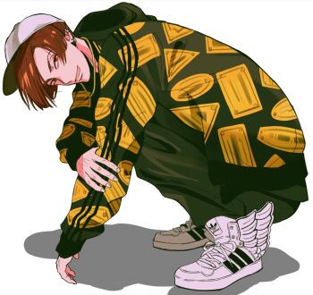 Rule 34 | 1boy, baseball cap, bevel, black pants, commentary request, fate/grand order, fate (series), full body, hat, hood, hood down, long sleeves, male focus, pants, red eyes, red hair, shoes, short hair, simple background, sneakers, solo, squatting, takasugi shinsaku (fate), white background, white hat, white shoes, winged shoes, wings