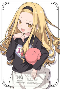 1girl :d black_hairband black_shirt blonde_hair carrying carrying_under_arm commentary_request hairband highres kirarazaka_marina kuma_x_kuma long_hair long_sleeves open_mouth parted_bangs raised_eyebrow shirt skirt smile t-shirt takopii takopii_no_genzai watermark white_skirt yellow_eyes