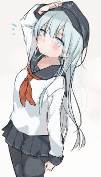 1girl anchor_symbol arm_up bad_id black_hat black_pantyhose black_sailor_collar black_skirt blue_eyes blue_hair blush flat_cap grey_background hair_between_eyes hand_on_own_hat hat hibiki_(kancolle) highres kantai_collection kayahara long_hair long_sleeves looking_at_viewer neckerchief pantyhose pleated_skirt red_neckerchief sailor_collar school_uniform serafuku simple_background skirt solo