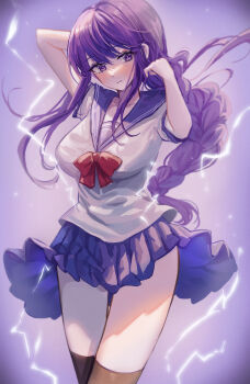 1girl absurdres alternate_costume ash_(cat7evy) blush braid breasts commentary_request electricity genshin_impact highres large_breasts long_hair looking_at_viewer mole mole_under_eye neckerchief pleated_skirt purple_background purple_eyes purple_hair raiden_shogun sailor_collar school_uniform serafuku shirt skirt smile solo thighhighs thighs upper_body very_long_hair