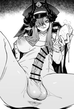 1futa absurdres anus bar_censor blue_archive breasts censored coat coat_on_shoulders commentary_request cum cum_in_container cum_in_cup cup drinking_glass erection foreskin futanari gloves greyscale grin hair_over_one_eye hand_up hat highres holding holding_cup horns kaauchi large_breasts large_penis long_hair makoto_(blue_archive) monochrome multiple_horns nipples peaked_cap penis phimosis sitting smile solo testicles veins veiny_penis