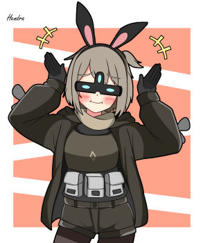 +++ 1girl absurdres animal_ears arknights artist_name black_gloves black_pantyhose blush border closed_mouth commentary_request cowboy_shot fake_animal_ears gloves green_jacket green_shorts grey_hair hendra highres jacket leafcarpet_(arlnights) looking_at_viewer one_side_up open_clothes open_jacket outside_border pantyhose pantyhose_under_shorts partial_commentary rabbit_ears rabbit_pose red_background short_shorts shorts signature simple_background solo white_border