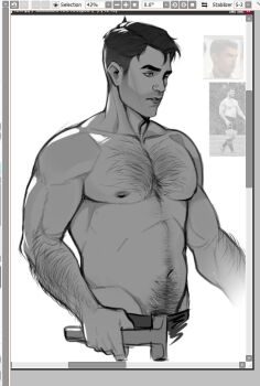 1boy arcane:_league_of_legends art_program_in_frame bara beard_stubble commentary cowboy_shot cropped_legs facial_hair greyscale hairy jayce_(league_of_legends) large_pectorals league_of_legends looking_ahead male_focus mature_male monochrome muscular muscular_male navel navel_hair nipples pectorals reference_inset short_hair sofit solo standing stomach stubble symbol-only_commentary thick_arm_hair thick_chest_hair thick_eyebrows thick_navel_hair topless_male tsurime unfinished very_hairy