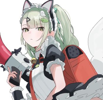 Rule 34 | 1girl, 961 kuru, animal ear hairband, animal ears, bell, black dress, cat ear hairband, cat ears, closed mouth, commentary request, dress, fake animal ears, frilled dress, frilled sleeves, frills, from side, ghost hair ornament, green eyes, green hair, hair ornament, hairband, highres, holding, holding megaphone, looking at viewer, maid, maid headdress, megaphone, multiple hair clips, neck bell, necktie, official alternate costume, ponytail, red bag, red necktie, simple background, solo, sunna (afternoon tea break) (zenless zone zero), sunna (zenless zone zero), triangle hair ornament, upper body, white background, white wings, winged bag, wings, zenless zone zero