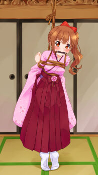 1girl arms_behind_back bdsm bit_gag blush bondage bound bound_arms bound_torso bound_wrists bow breast_bondage breasts brown_eyes brown_hair cherry_blossom_print crying crying_with_eyes_open floral_print floral_print_kimono gag gagged hakama hakama_skirt high_ponytail highres japanese_clothes kimono long_hair long_sleeves medium_breasts mukanata original pink_hakama pink_kimono ponytail print_kimono red_bow restrained rope shibari shibari_over_clothes skirt solo standing_restraints suspension tabi tears wide_sleeves