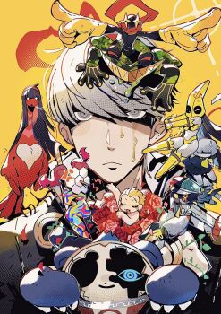 Rule 34 | amagi yukiko, claws, colored skin, flower, game 43ice, glowing, glowing eyes, grey eyes, hanamura yousuke, highres, kujikawa rise, kuma (persona 4), mask, monster, multicolored skin, narukami yu, partially shaded face, persona, persona 4, pointing, satonaka chie, shadow chie, shadow kanji, shadow kuma, shadow naoto, shadow rise, shadow yousuke, shadow yukiko, shirogane naoto, smile, tatsumi kanji, upper body