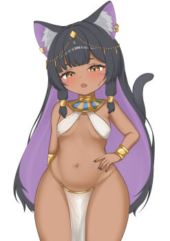 1girl absurdres ancient_egyptian ancient_egyptian_clothes animal_ear_fluff animal_ears bangle bare_shoulders black_hair blush bracelet breasts cat_ears cat_tail colored_inner_hair commentary_request cowboy_shot dark-skinned_female dark_skin fang hand_on_own_hip highres if_you_want_to_become_a_godly_artist_(trend) jewelry long_hair looking_at_viewer multicolored_hair navel open_mouth original purple_hair skin_fang solo stomach sweatdrop tail textless_version two-tone_hair usekh_collar very_long_hair white_loincloth yellow_eyes yomocha_skebmu_ji_zhong
