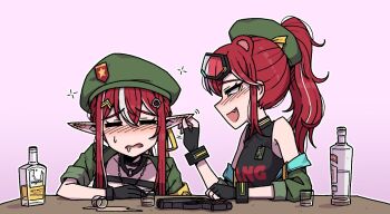 2girls alcohol animal_ears armband bear_ears beret beryl_arsenal black_gloves black_shirt blue_eyes blush breasts choker closed_eyes collarbone commentary commission cup drinking_glass drooling drunk dual_persona english_commentary fang fingerless_gloves gloves goggles goggles_on_head green_hat green_jacket gun hair_between_eyes hair_ornament hairclip hand_on_another's_ear handgun hat indie_virtual_youtuber jacket jewelry karepack long_hair makarov_pm medium_breasts mouth_drool multicolored_hair multiple_girls name_tag necklace off-shoulder_jacket off_shoulder pointy_ears ponytail red_hair ribbon shirt shot_glass sleeveless sleeves_rolled_up smile smirnoff_(vodka) streaked_hair sweatdrop tank_top virtual_youtuber weapon white_hair yellow_armband yellow_ribbon