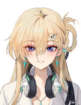 1girl absurdres blonde_hair bubble99 commentary_request earrings hair_between_eyes hair_ornament headphones headphones_around_neck highres jewelry korean_commentary long_hair looking_at_viewer lynae_(wuthering_waves) necklace parted_lips portrait purple_eyes shirt simple_background skull_hair_ornament smile solo star_(symbol) star_earrings straight-on white_background white_shirt wuthering_waves