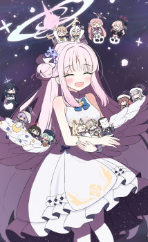 &gt;_&lt; &lt;|&gt;_&lt;|&gt; 1boy 6+girls ahoge angel_wings animal_ear_fluff animal_ears arius_squad_(blue_archive) atsuko_(blue_archive) azusa_(blue_archive) black_hair black_wings blonde_hair blue_archive blue_eyes blue_halo blush braid breasts brown_eyes brown_hair closed_eyes closed_mouth dress extra_ears feathered_wings flower fox_ears green_eyes green_hair green_halo grey_halo hair_bun hair_flower hair_ornament hair_over_one_eye halo hanako_(blue_archive) head_wings hifumi_(blue_archive) highres hiyori_(blue_archive) koharu_(blue_archive) light_brown_hair long_hair low_twintails make-up_work_club_(blue_archive) medium_breasts mika_(blue_archive) mini_person minigirl misaki_(blue_archive) multiple_girls nagisa_(blue_archive) open_mouth pantyhose pink_eyes pink_hair pink_halo purple_flower purple_hair red_eyes red_halo saori_(blue_archive) sateto_(user_knrf2332) seia_(blue_archive) sensei_(blue_archive) short_hair side_ponytail single_braid single_side_bun sleeveless sleeveless_dress smile tea_party_(blue_archive) tea_party_militant_(blue_archive) twin_braids twintails white_dress white_hair white_pantyhose white_wings wings yellow_eyes yellow_halo