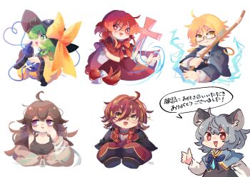 Rule 34 | 6+girls, :3, :d, ahoge, animal ears, ascot, bags under eyes, bare shoulders, bead necklace, beads, black capelet, black hat, black jacket, black shirt, blonde hair, blue bow, blue bowtie, blue capelet, blush, bow, bowtie, braid, brown hair, capelet, closed mouth, commentary request, corded phone, crop top, cropped legs, cropped shirt, cropped torso, cross, double-parted bangs, earrings, frilled sleeves, frills, from side, glasses, green eyes, green hair, grey hair, grey jacket, hair between eyes, hand up, hat, hat bow, heart, heart of string, holding, holding phone, holding staff, jacket, jewelry, komeiji koishi, long braid, long hair, long sleeves, looking at viewer, mame komari, messy hair, mouse ears, mouse girl, multicolored hair, multiple girls, nazrin, necklace, no lineart, off shoulder, ofuda earrings, okazaki yumemi, open mouth, original, phone, piercing, purple eyes, red-framed eyewear, red bow, red bowtie, red capelet, red eyes, red hair, red skirt, red vest, round eyewear, semi-rimless eyewear, shirt, short hair, simple background, skirt, sleeveless, sleeveless shirt, sleeves past fingers, sleeves past wrists, smile, speech bubble, staff, streaked hair, teeth, thick eyebrows, third eye, tongue, tongue out, tongue piercing, touhou, touhou (pc-98), translation request, twin braids, twitter username, two-tone hair, under-rim eyewear, upper teeth only, very long hair, vest, white ascot, white background, white shirt, wide sleeves, yellow bow, yellow eyes, yellow shirt