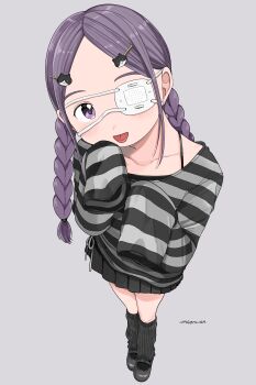 1girl absurdres artist_name black_leg_warmers black_shoes black_skirt black_socks braid braided_twintails cat_hair_ornament closed_mouth commentary_request eyepatch forehead foreshortening from_above full_body grey_background hair_ornament hairclip highres leg_warmers long_hair long_sleeves looking_at_viewer looking_up mary_janes medical_eyepatch miniskirt nagomurasan one_eye_covered original parted_bangs pleated_skirt purple_eyes purple_hair shirt shoes simple_background skirt sleeves_past_fingers sleeves_past_wrists socks solo standing striped_clothes striped_shirt tongue tongue_out twin_braids