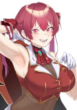 Rule 34 | 1girl, arm up, armpit focus, armpits, bare shoulders, breasts, cleavage, coat, gloves, hair ribbon, haishima xv, highres, hololive, houshou marine, large breasts, leotard, leotard under clothes, long hair, looking at viewer, red eyes, red hair, red shirt, ribbon, see-through cleavage, see-through clothes, see-through leotard, shirt, simple background, smile, solo, teeth, virtual youtuber, white background, white gloves