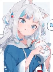 1girl :q animal animated bloop_(gawr_gura) blue_eyes blue_hair blue_hoodie blue_nails blush closed_mouth crying crying_with_eyes_open drawstring flying_sweatdrops gawr_gura gawr_gura_(1st_costume) grey_background hair_ornament hands_up head_tilt heart holding holding_animal hololive hololive_english hood hood_down hoodie kemonomimi_mode live2d long_hair long_sleeves looking_at_viewer looping_animation mokyuko multicolored_hair nail_polish shark_hair_ornament shikabashi smile spoken_heart streaked_hair tears third-party_edit tongue tongue_out two-tone_background two_side_up video virtual_youtuber white_background wide_sleeves